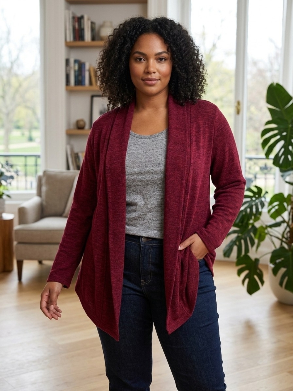 Moov Cozy Open-Front Cardigan Sweater in Wine Made In Canada